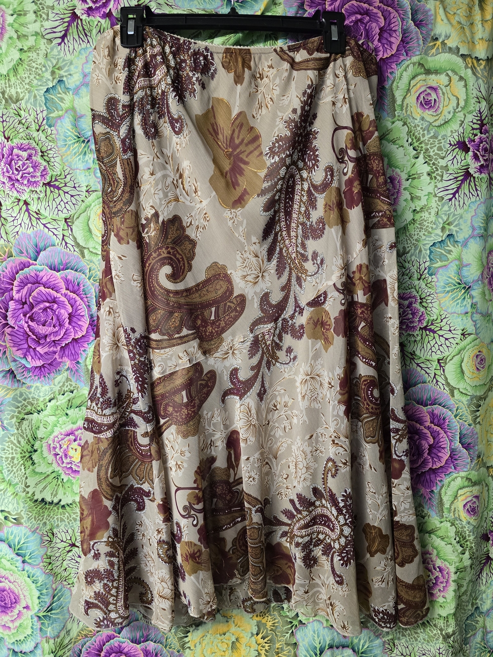 Vintag Metro Wear Brown Paisley Beige Floral Midi Skirt with Gold Accents